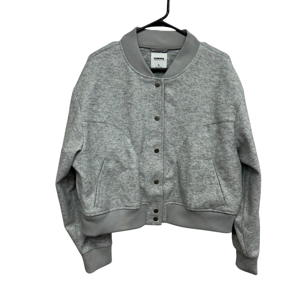 Sonoma Gray Polyester Fleece Bomber Jacket Button Front‎ Ribbed Trim XL Minimal